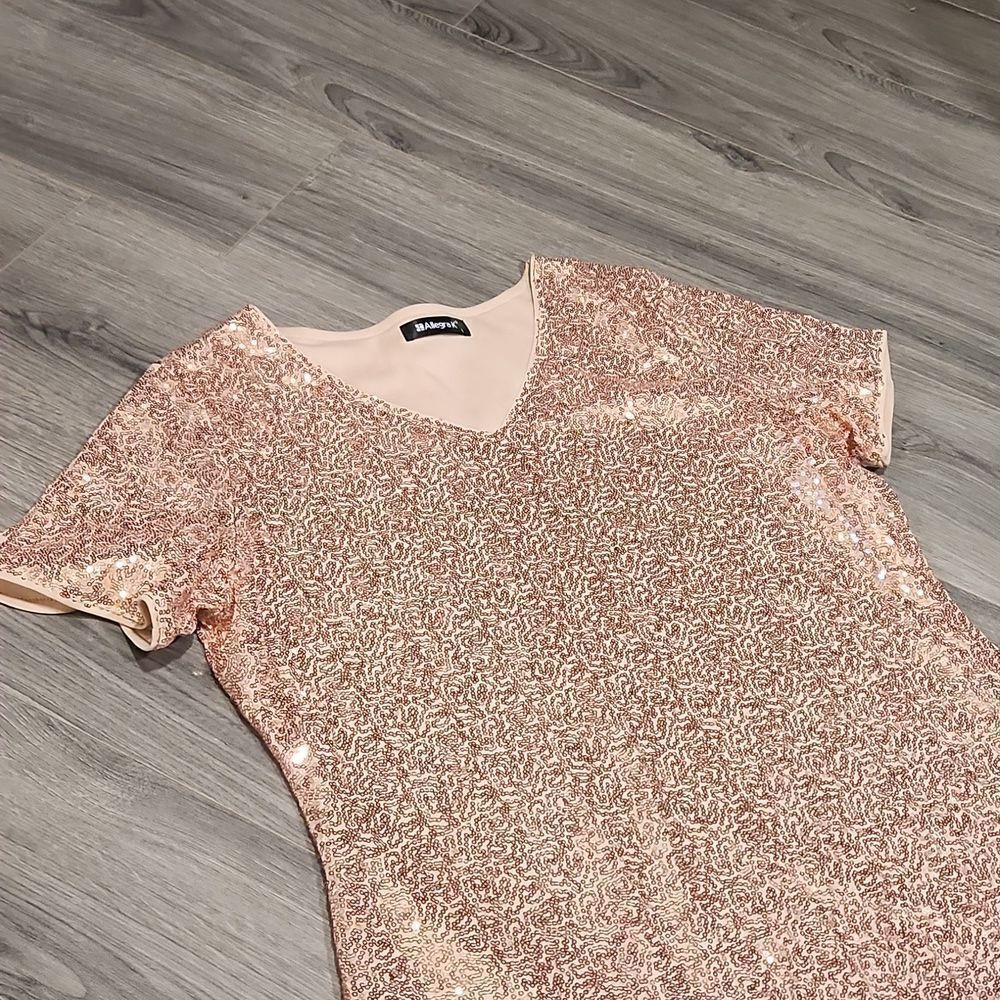 Rose Gold Vneck Sequinned Glitter Mini Dress
